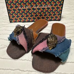 New in Box Kurt Geiger Women's Pink and Blue Frayed Slide Sandals